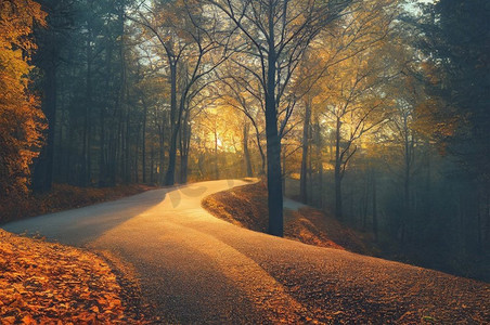 赛季摄影照片_弯曲的道路在五颜六色的秋天森林在日落光数字例证