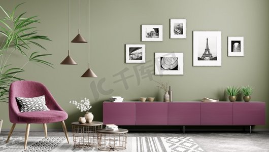 客厅的现代化内饰，配有梳妆台和扶手椅。绿色墙壁上的灯具和镜框。时尚的家居设计。3D渲染
