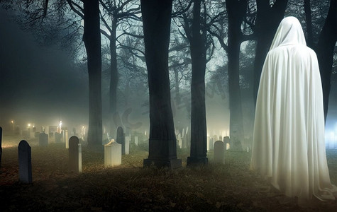 恐怖女巫摄影照片_走在黑暗墓地的鬼晚上万圣节背景