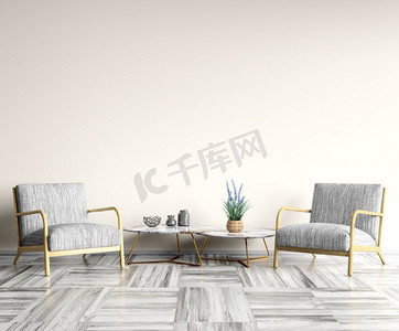 现代客厅的室内设计有一套两个咖啡桌，灰色扶手椅，空的mockup墙，家设计3d渲染