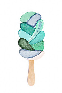 彩色扁平背景摄影照片_唇膏的创造性概念涂抹在冰棒冰淇淋的形式在白色背景。一种扁平的彩色色板化妆品