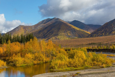 秋季北极圈上空的苔原地貌。美丽的自然背景。
