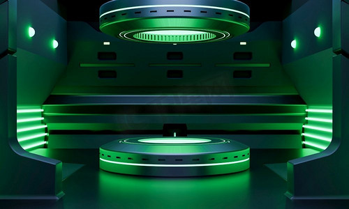赛博朋克科幻产品讲台展示在宇宙飞船与绿色霓虹灯照明背景。技术和对象概念。3D插图渲染