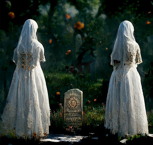 两个鬼妇女在墓地万圣节背景