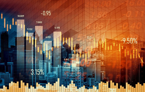 下降的图表和数字指标显示的经济危机概念与现代城市背景重叠.