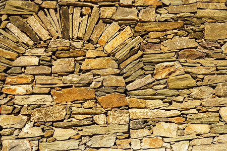 用石头砖砌成的墙。纹理，背景在古老的风格。希腊建筑细节用石头砖砌成的墙。
