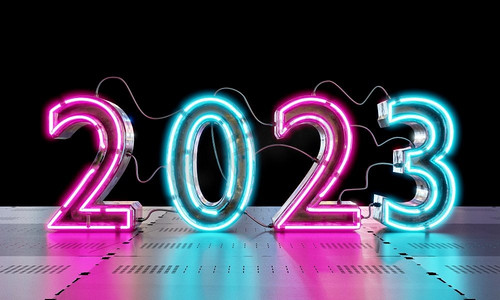 主题紫色摄影照片_2023年霓虹灯照明在金属地板背景。技术和抽象壁纸概念。新年快乐主题3D插图渲染