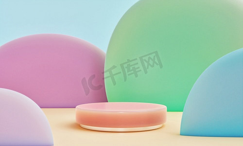 抽象几何形状在粉彩五颜六色的产品讲台介绍背景。艺术与色彩概念3D插图渲染