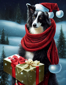 可爱的边境牧羊犬与圣诞帽和圣诞礼物