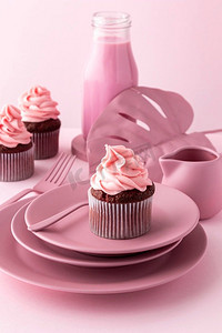 粉色浪漫元素摄影照片_搭配粉色元素的纸杯蛋糕