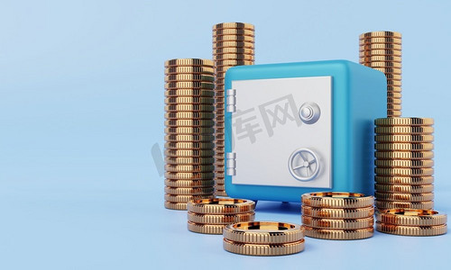 安全盒与金币在蓝色背景。金融经济和货币储蓄安全概念。3D插图概念。