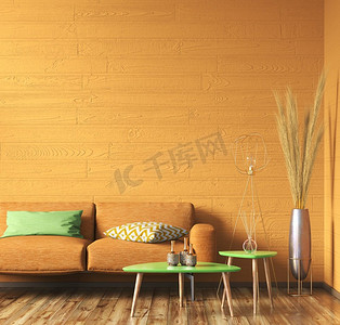 家具橙色摄影照片_现代五颜六色，充满活力的客厅室内设计与橙色沙发和绿色咖啡桌在模型墙，家设计，3d渲染