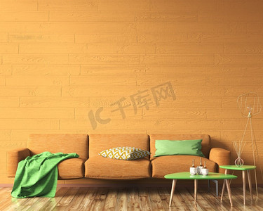 室内设计现代多彩、充满活力的客厅，模型墙上有橙色沙发和绿色茶几，家居设计，3D渲染