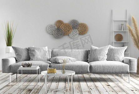 斯堪的纳维亚公寓，客厅与灰色沙发，家居设计现代室内设计。3d渲染