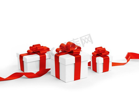 白色礼品盒，白色背景上有隔离的红色丝带。带红色丝带的白色礼品盒