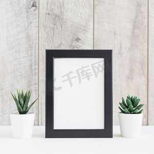 壁摄影照片_多汁植物两个白色的罐与空白相框对木墙