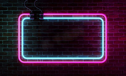 霓虹灯标志横幅与复制空间在砖墙背景。抽象艺术与对象概念。3D插图渲染
