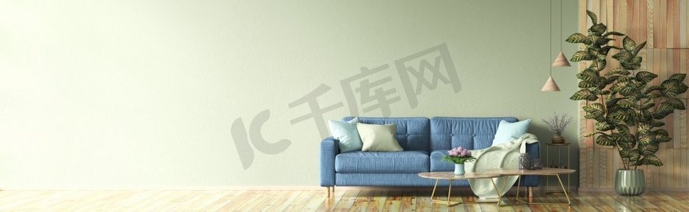 现代客厅的内部设计有蓝色沙发和咖啡桌，在浅绿色模拟墙壁与木镶板，全景3d渲染