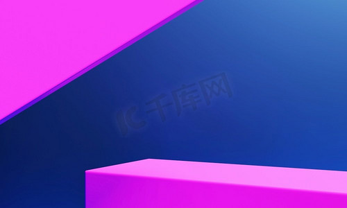 赛博朋克壁纸摄影照片_抽象几何讲台阶段在蓝色和粉红色颜色背景。壁纸和极简主义的概念。3D插图渲染