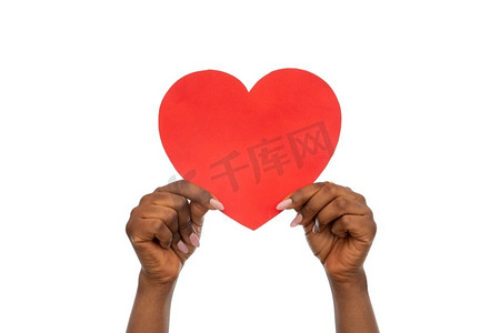 志愿背景摄影照片_慈善，爱和健康概念—关闭手拿着红色的心在白色背景。关闭的手举行红色的心脏