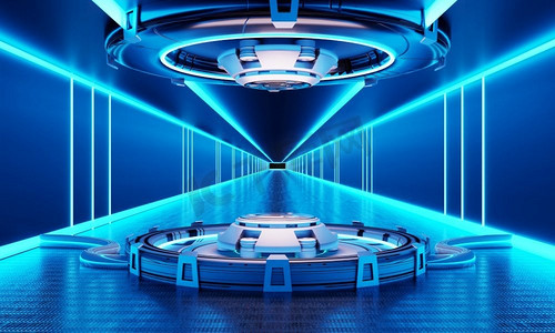 白色和蓝色背景的飞船上的科幻产品领奖台。空间技术和物体概念。3D插图渲染
