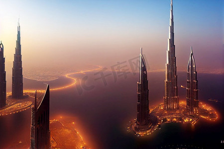 迪拜奢侈品摄影照片_在雾数字艺术中鸟瞰迪拜摩天大楼
