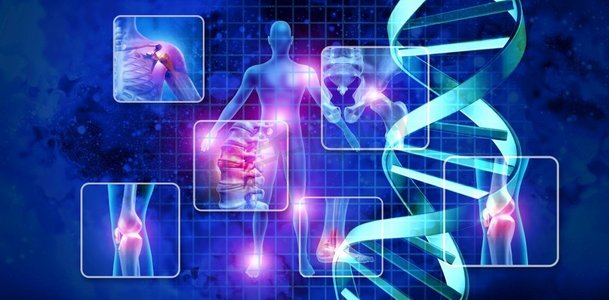 基因治疗摄影照片_医学科学概念和干细胞治疗或DNA遗传治疗疼痛关节和基因治疗与3D插图元素。