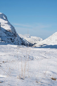 美丽的冬季风景蓝天图片沿着格伦科·兰诺奇摩尔山谷，周围是积雪覆盖的山脉