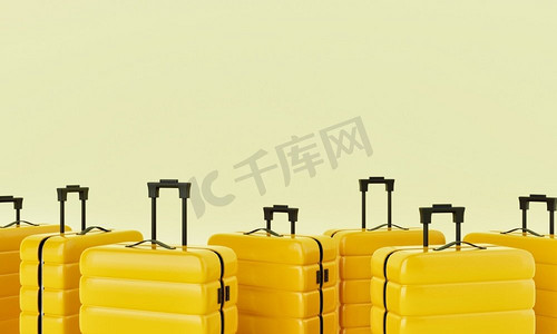 组黄色手推车行李箱在孤立的背景。旅游对象与旅游癖概念。3D插图渲染