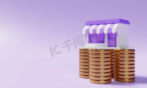 金币增长摄影照片_在堆叠金币的超级市场商店在紫色背景。金融和经济概念。3D插图渲染