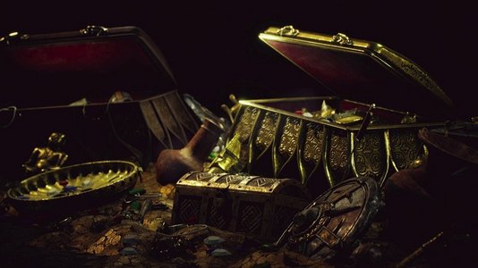 黄金免抠图摄影照片_黑暗洞穴中的珍宝，里面有硬币、钻石和黄金
