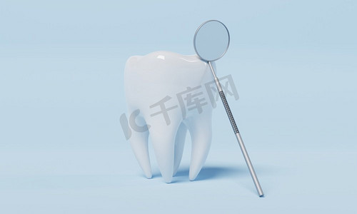 牙齿与牙齿检查镜子在蓝色背景。牙科和保健概念。3D插图渲染