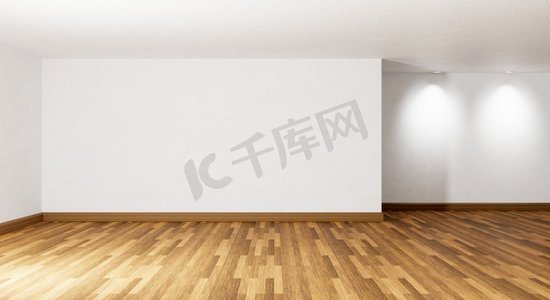 空的房间与镶木地板筒灯和白色混凝土墙背景。建筑和室内概念。3D插图渲染