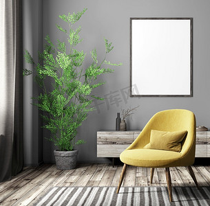 客厅内部有黄色扶手椅和灰色墙壁上的海报，现代家居设计3D渲染
