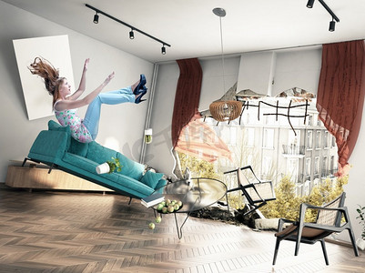 起居室三维摄影照片_打破起居室的墙壁。3D和照片概念插图