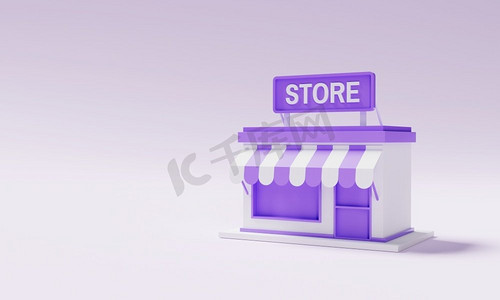 最小店面模型在紫色背景。企业主和创业企业家的概念。3D插图渲染
