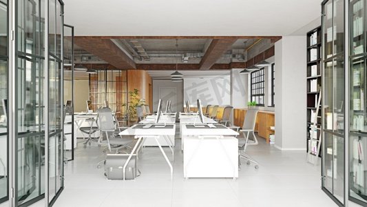 玻璃企业摄影照片_现代办公室室内设计理念。3D渲染理念