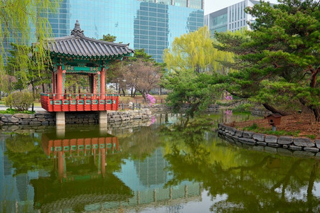 汝矣岛公园公共公园池塘与亭凉亭在首尔，韩国。韩国首尔汝矣岛公园