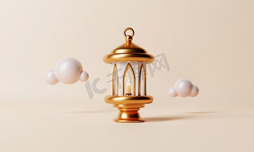 伊斯兰灯笼，珊瑚颜色背景上有最小的低聚云。斋月卡里姆和开斋节穆巴拉克的概念。3D插图渲染