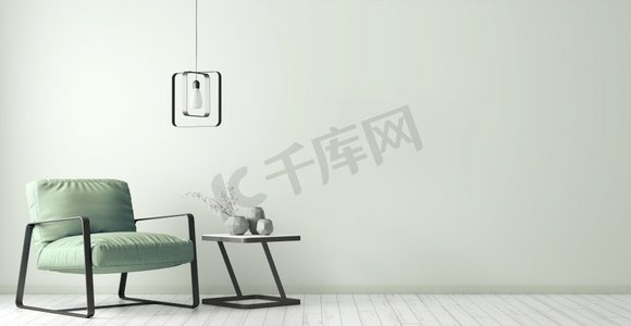 客厅的现代室内设计与黑白咖啡桌，金属灯和绿色扶手椅3d渲染