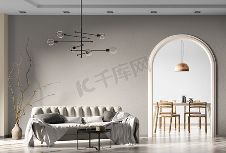 公寓的现代内部设计，客厅与米色沙发，灰色石膏灰泥墙与拱形门，家舒适的设计3d渲染
