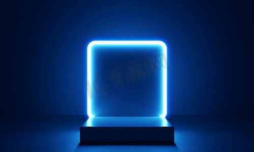 赛博朋克蓝色的空领奖台，黑暗中发光的灯框，用于产品展示。技术和科幻概念。3D插图渲染