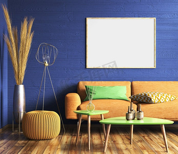 爱心义卖海报素材摄影照片_现代客厅的内部设计有黄色沙发在蓝色墙壁有mockup海报，家设计3d渲染