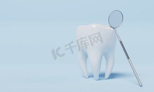 蓝色背景上有牙齿检查镜的牙齿。牙科和保健概念。3D插图渲染
