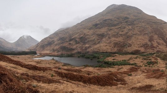 苏格兰高地的Lochan Urr冬季景观与Stob Dubh隐约可见的场景右侧与忧郁的低云