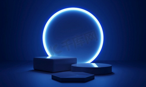 Cyberpunk蓝色空讲台与发光的灯框架在黑暗中的产品介绍。科技和科幻概念。3D插图渲染