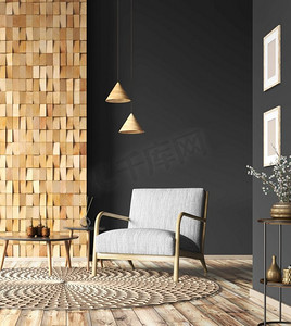 木椅子摄影照片_客厅的内部设计有咖啡桌，枝形吊灯和灰色扶手椅在黑色墙壁有木镶板，家设计3d渲染