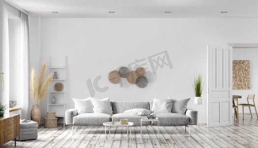 现代室内设计斯堪的纳维亚风格客厅灰色沙发，白色墙壁公寓，门窗，家居设计3D渲染