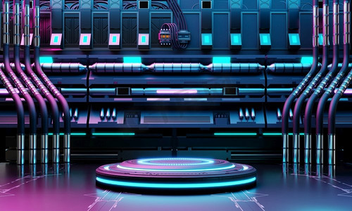 赛博朋克科幻产品讲台展示在宇宙飞船基地与蓝色和粉红色背景。技术和对象概念。3D插图渲染