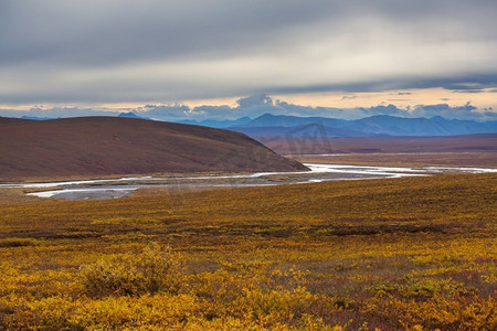 秋季北极圈上空的苔原景观。美丽的自然背景。